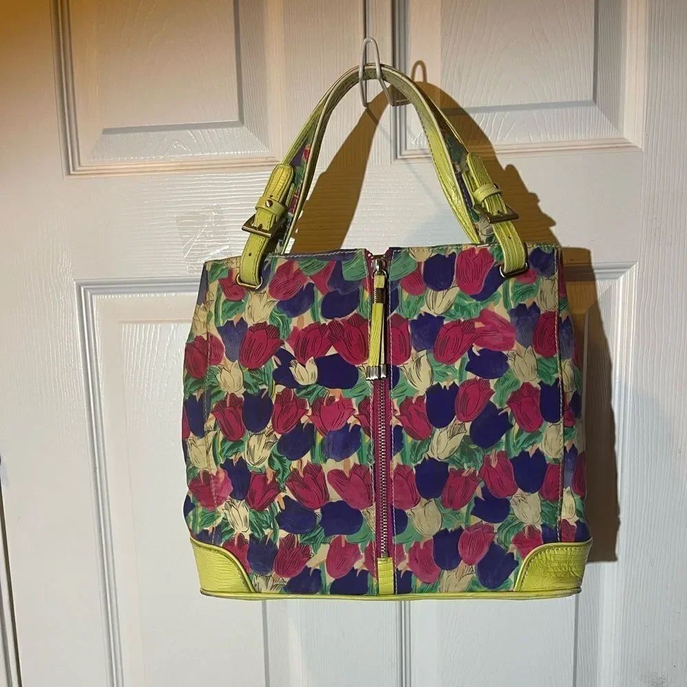 Sharon 71% silk multi color tulips & leather crocs print sage green satchel .